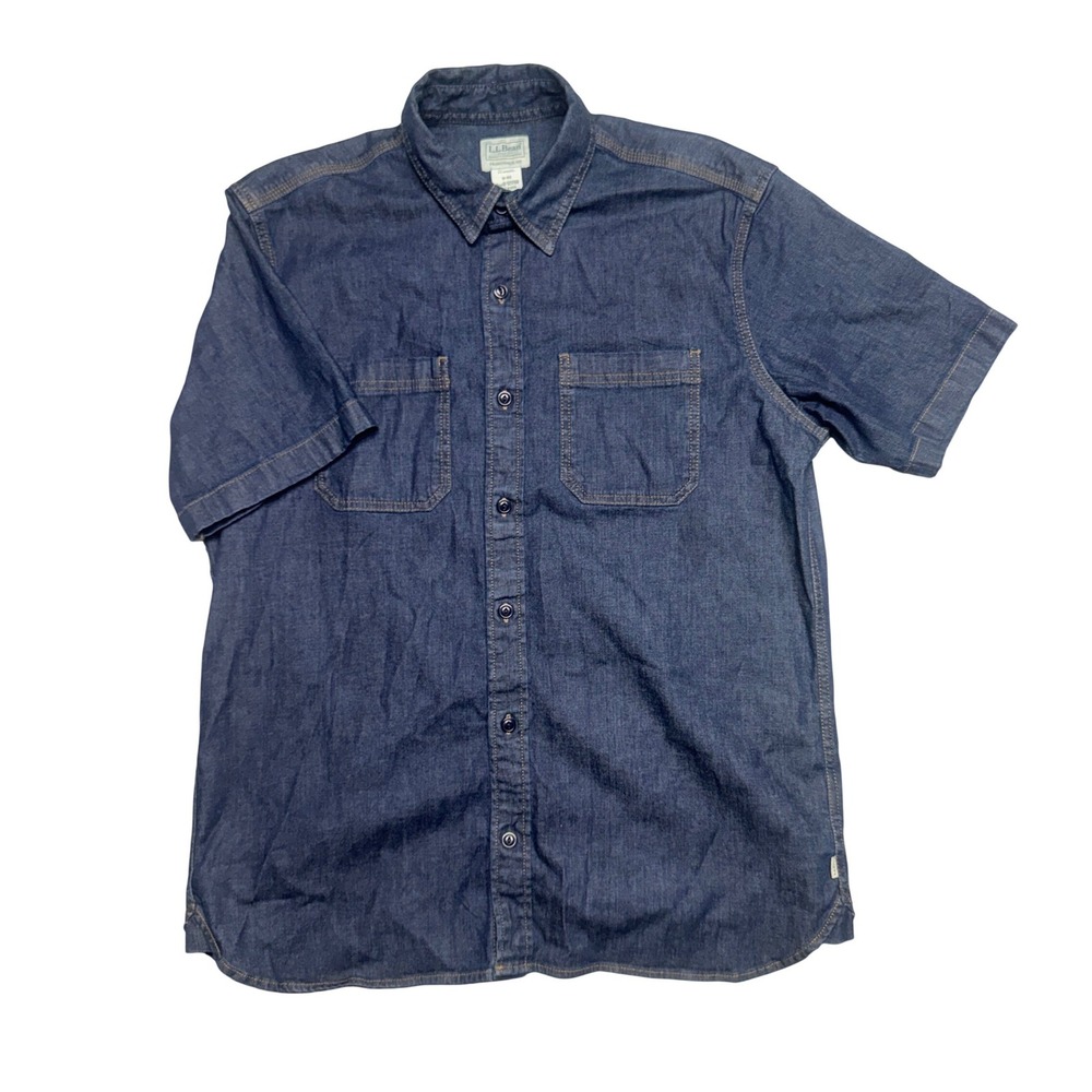 LL Bean Mens Denim Short Sleeve Button Down Shirt Dark Wash Blue M-REG 521768